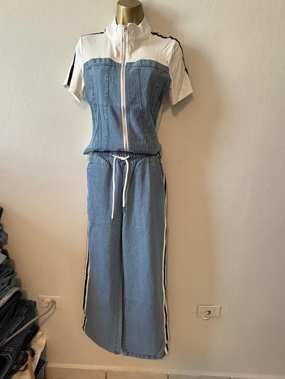Denim Two-Piece Track Set with White Accents